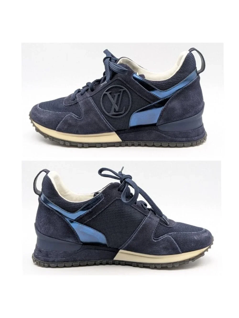 Louis Vuitton Run Away Line Navy Suede Mesh LV Logo Sneakers in Heels